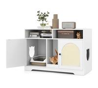 COSTWAY 4 in 1 Meuble Litiere Chat, Cache Litiere Chat Double Portes, 2 Compartiments, Planche et 2 Tapis à Griffer en Sisal, 2 Trous Latéraux, Maison de Toilette Chaton (Blanc,108 x 50,5 x 73,5 cm)