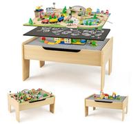 COSTWAY 5 en 1 78 PCS Table Circuit de Train en Bois avec Plateau Réversible & Tableau Noir, Table Enfants avec Canne à Pêche Magnétique & Figurines & Voitures pour Garçon Fille de 3 Ans+