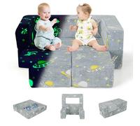 COSTWAY 5 en 1 Canapé Enfants Lumineux (Brillant dans Le Noir) avec 2 Poufs & Motif de Vaisseau Spatial, Fauteuil Convertible en Tissu avec Poche Latérale & Housse Lavable, 107x52x41,5cm