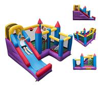 COSTWAY 5 en 1 Château Gonflable avec Toboggan & Mur d'escalade, Aire de Jeux Gonflable avec Maison de Rebond & Piscine à Balles, Charge 180kg pour 4 Enfants de 3-10 Ans