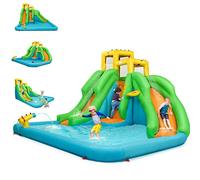 COSTWAY 5 en 1 Château Gonflable Enfants avec Toboggan Double, Parc Aquatique Gonflable avec Mur d'escalade, Panier, Piscine, Canon à Eau, Charge 159kg pour 3 Enfants de 3-10 Ans (sans souffleur)