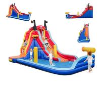 COSTWAY 5 en 1 Château Gonflable sur Thème de Pirate avec Toboggan, Parc Aquatique avec Panier de Basket et Canon à Eau, Sac de Transport, Charge 90kg pour 2 Enfants de 3-10 Ans (sans souffleur)