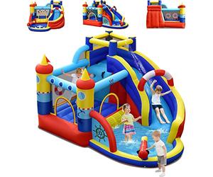 COSTWAY 5 en 1 Château Gonflable sur Thème Pirate avec Toboggan & Mur d'escalade, Aire de Jeux Gonflable avec Maison de Saut & Pistolet à Eau, Charge 90kg pour 3 Enfants de 3-10 Ans, 360x290x200cm