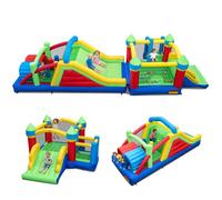 COSTWAY 5 en 1 Grand Château Gonflable avec Toboggan Géant et Maison de Saut - 50 Balles-2 Sacs de Transport sans Souffleur