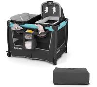 COSTWAY 5 en 1 Lit Parapluie Bébé avec Matelas et Table à Langer, Lit Bébé Évolutif Pliable avec Berceau et Jouets Suspendus, Sac de Transport, 2 Roues Verrouillables, Charge 15kg, 0-36 Mois (Vert)