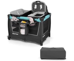 COSTWAY 5 en 1 Lit Parapluie Bébé avec Matelas et Table à Langer, Lit Bébé Évolutif Pliable avec Berceau et Jouets Suspendus, Sac de Transport, 2 Roues Verrouillables, Charge 15kg, 0-36 Mois (Vert)