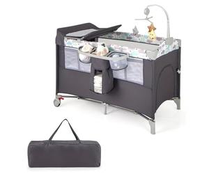 COSTWAY 5 en 1 Lit Parapluie Bébé avec Matelas & Table à Langer Amovible, Lit Bébé Évolutif avec Boîte à Musique & 3 Jouets Suspendus, 2 Roues Verrouillables, Lit Cododo pour 0-36 Mois(Beige)