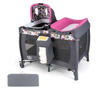 COSTWAY 5 en 1 Lit Parapluie Bébé avec Matelas & Table à Langer, Lit Bébé Evolutif avec Boîte à Musique & Jouets Suspendus, Sac de Transport & Roues Verrouillables, Berceau pour 0-36 Mois (Rose)