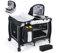 COSTWAY 5 en 1 Lit Parapluie Bébé avec Matelas & Table à Langer, Lit Bébé Evolutif avec Boîte à Musique & Jouets Suspendus, Sac de Transport & Roues Verrouillables, Berceau pour 0-36 Mois (Beige)