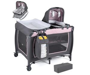COSTWAY 5 en 1 Lit Parapluie Bébé avec Matelas & Table à Langer, Lit Bébé Evolutif avec Boîte à Musique & Jouets Suspendus, Sac de Transport & Roues Verrouillables, Berceau pour 0-36 Mois (Rose)