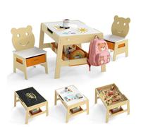 COSTWAY 5 en 1 Table Enfant 45cm et 2 Chaises Tableau Réversible (Noir+Blanc) - 4 Crochets Compartiment de Rangement et Bacs