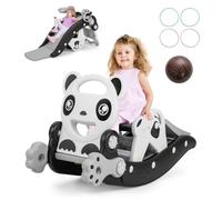 COSTWAY 5 en 1 Toboggan Enfant avec Chaise Amovible & Motif Panda, Cheval à Bascule Enfant avec Panier de Basketball & Ballon, Charge 50kg pour Enfants de 1-5 Ans, 92 x 38 x 53 cm