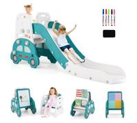 COSTWAY 5 en 1 Toboggan Enfant Convertible avec Tableau Magnétique Double Face, Tabouret, Bibliothèque, Support Blocs de Construction, Aire de Jeux Enfant Pliable en HDPE pour 3+ Ans
