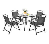 COSTWAY 5 PCS Salon de Jardin - Métal et Textilène - 4 Chaises de Jardin Pliables, Table Carrée en Verre Trempé, Trou pour parasol