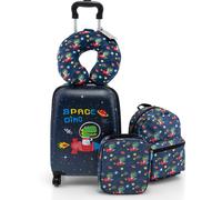 COSTWAY 5 pièces valise + sac à dos pour enfants, trolley pour enfants avec boîte à lunch, étiquette à bagages & coussin pour le cou (Noir)