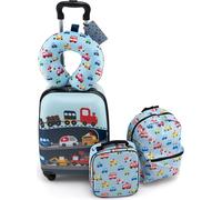 COSTWAY 5 pièces valise + sac à dos pour enfants, trolley pour enfants avec boîte à lunch, étiquette à bagages & coussin pour le cou (Bleu)