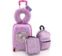 COSTWAY 5 pièces valise + sac à dos pour enfants, trolley pour enfants avec boîte à lunch, étiquette à bagages & coussin pour le cou (licorne)