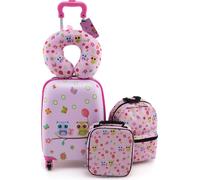 COSTWAY 5 pièces valise + sac à dos pour enfants, trolley pour enfants avec boîte à lunch, étiquette à bagages & oreiller pour le cou (rose)