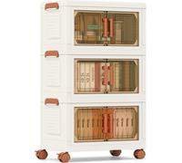 COSTWAY 57 L Boîtes de rangement pliables avec couvercles, lot de 3 boîtes de rangement empilables avec roulettes, organisateur d'armoire blanc & marron