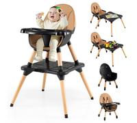 COSTWAY 6 en 1 Chaise Haute Bébé Evolutive, Table en Blocs Convertible, Harnais à 5 Points, Plateau Réglable Amovible, Chaise Haute Bebe en Bois, pour 6-36 Mois, Charge 15 kg, Café