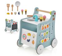 COSTWAY 6 en 1 Chariot de Marche en Bois avec Centre de Jouets, Cuisine de Jeu, Horloge, Enfant 1 An+, Jouet Montessori, Bleu