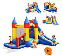COSTWAY 6 en 1 Château Gonflable avec Toboggan & Souffleur, Aire de Jeux Gonflable avec Zone de Saut, 50 Balles Océaniques, Trampoline Intérieur Extérieur de 3-10 Ans, Charge 135KG, 330x300x210cm