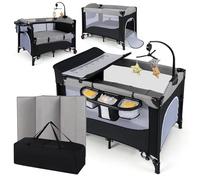 COSTWAY 6 en 1 Lit Parapluie Bébé avec Matelas et Table à Langer, Lit Bébé Evolutif avec 5 Hauteur Réglables, Musique et Jouets Suspendus, Charge 15kg pour Bébé de 0-3 Ans (Noir)