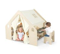 COSTWAY 6 en 1 Tente de Jeu en Bois Enfant avec Table & Chaise & 6 Bacs, Maison de Jeu avec Coussin de Sol Amovible & Rideaux, Cabane Intérieur pour 5-6 Enfants de 2-6 Ans, 145x98x113cm