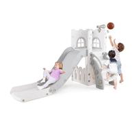 COSTWAY 6 en 1 Toboggan Enfant en HDPE avec Panier de Basket & Télescope, Aire de Jeux Intérieure avec Échelle & Espace de Rangement, Cadeaux pour Garçons et Filles de 12 Mois+ (Gris+Blanc)