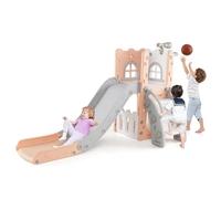 COSTWAY 6 en 1 Toboggan Enfant en HDPE avec Panier de Basket & Télescope, Aire de Jeux Intérieure avec Échelle & Espace de Rangement, Cadeaux pour Garçons et Filles de 12 Mois+ (Rose+Gris)