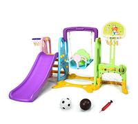 COSTWAY 6 en 1 Toboggan Enfants avec Balançoire & Panier de Basketball, Aire de Jeu Multifonctionnel avec But de Football & Echelle d’Escalade, Jeu Intérieur Extérieur pour Enfants de 3-8 Ans…