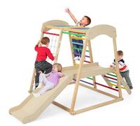 COSTWAY 6 en 1 Triangle d'escalade en Bois Enfants avec Toboggan & Zone Tampon, Aire de Jeu d’Escalade Intérieur avec Filet & Échelle pour Grimper, Charge 60kg pour Tout-Petits de 1 an+…