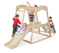 COSTWAY 6 en 1 Triangle d'escalade en Bois Enfants avec Toboggan & Zone Tampon, Aire de Jeu d’Escalade Intérieur avec Filet & Échelle pour Grimper, Charge 60kg pour Tout-Petits de 1 an+