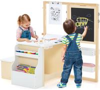COSTWAY 6 in 1 Set de chevalet pour enfants, tableau noir en bois avec tableau à craies double face & tableau blanc & rouleau de papier, tableau pour enfants réglable en hauteur avec banc, étagères po