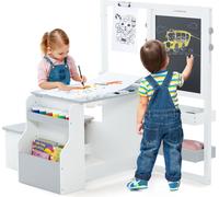 COSTWAY 6 in 1 Set de chevalet pour enfants, tableau noir en bois avec tableau à craies double face & tableau blanc & rouleau de papier, tableau pour enfants réglable en hauteur avec banc, étagères po