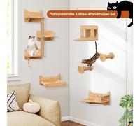 COSTWAY 6 PCS Mur d'escalade pour chats, arbre à chat avec plates-formes, gamelle, maison pour chats, hamac, 2 poteaux à griffer & balle, arbre à chat mural, meubles pour chats nature