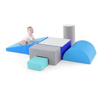 COSTWAY 6 PCS Parcours Motricité Bébé en Mousse EPE avec Housse en PU, Module Motricité Bébé avec Fermeture Clair & Formes Différentes, Jouets Éducatifs pour Enfants d'Âge Préscolaire (Bleu+Gris)…