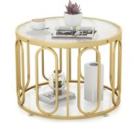 COSTWAY φ60,5 cm Table basse ronde, table d'appoint à 2 niveaux avec plateau en verre de sécurité strié & supports pivotants ovales, table de salon avec étagère Or