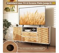 COSTWAY 65"" Meuble TV - 2 Armoires à Portes 2 Tiroirs - Trou pour Câble - pour Salon, Chambre - Nature