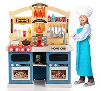 COSTWAY 69 Pcs Cuisine Enfants avec Effets de Vapeur & d'Ebullition, Jeux de Cuisine Enfants avec Lumières et Sons Réalistes, Jouet d’Imitation pour Enfants de 3 Ans+, 64,5 x 24 x 83 cm (Bleu.)