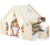 COSTWAY 6In1 Tente pour enfants en bois avec table réglable pour enfants, chaise, étagère pour enfants, 6 bacs de rangement&matelas, maison de jeu pour l'intérieur, 6 enfants 2+Beige