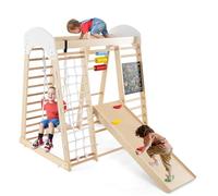 COSTWAY 7 en 1 Aire de Jeux Intérieure en Bois Enfant avec Tableau Noir & Balançoire, Triangle d'escalade Montessori avec Échelle & Filet & Barre & Rocher, Jeu d'escalade pour Bébé de 3 Ans+