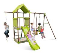 COSTWAY 7 en 1 Aire de Jeux Portique en Bois avec Toboggan & Balançoire Réglable, Tour d'escalade avec Cabane Couverte & Échelle & Bac à Sable, Cadre en Métal pour Jardin pour Enfant de 3-12 Ans