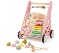 COSTWAY 7 en 1 Chariot de Marche en Bois avec Boîte de Rangement, Marcheur D'Apprentissage Bébé avec 8 Blocs et 1 Maillet, Coins Arrondis, Trotteur pour Bébé de 1 An+ (Rose)