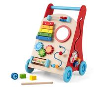 COSTWAY 7 en 1 Chariot de Marche en Bois avec Boîte de Rangement, oignée, Roues, Trotteur pour Enfant 3an+, Jouet Montessori, Rouge