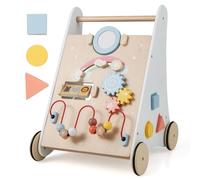 COSTWAY 7 en 1 Chariot de Marche en Bois avec Panneau de Jeu & Boîte de Rangement Arrière, Marcheur D'Apprentissage Bébé avec 3 Blocs, Poignée Lisse & 4 Roues, Trotteur Bébé de 12 Mois+…