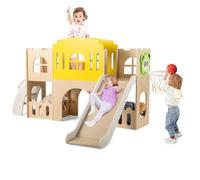COSTWAY 7 en 1 Toboggan Enfant avec Panier de Basket & Échelle, Aire de Jeux Intérieure avec Tunnel & Couloir & Fenêtres, Espace de Rangement, Charge 30kg pour 3 Enfants de 3 Ans+