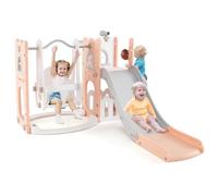 COSTWAY 7 en 1 Toboggan Enfant en HDPE avec Balançoire & Panier de Basketball, Aire de Jeux Intérieure avec Télescope & Échelle, Espace de Rangement pour Tout-Petits de 1-3 Ans (Rose+Blanc)