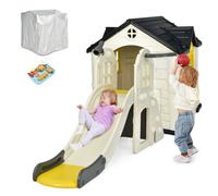 COSTWAY 7 en 1 Toboggan Luxe avec Maisonnette pour Enfants avec 7 Jouet Dinette - Glisse de 140 CM en PEHD Anti-UV 3-8 Ans Jaune