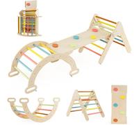 Costway 7 en 1 Triangle Arche Montessori d'Escalade Enfants avec Toboggan Bois Rampe Échelle Réglable Aire de Jeux pour 1 Ans+ Macaron